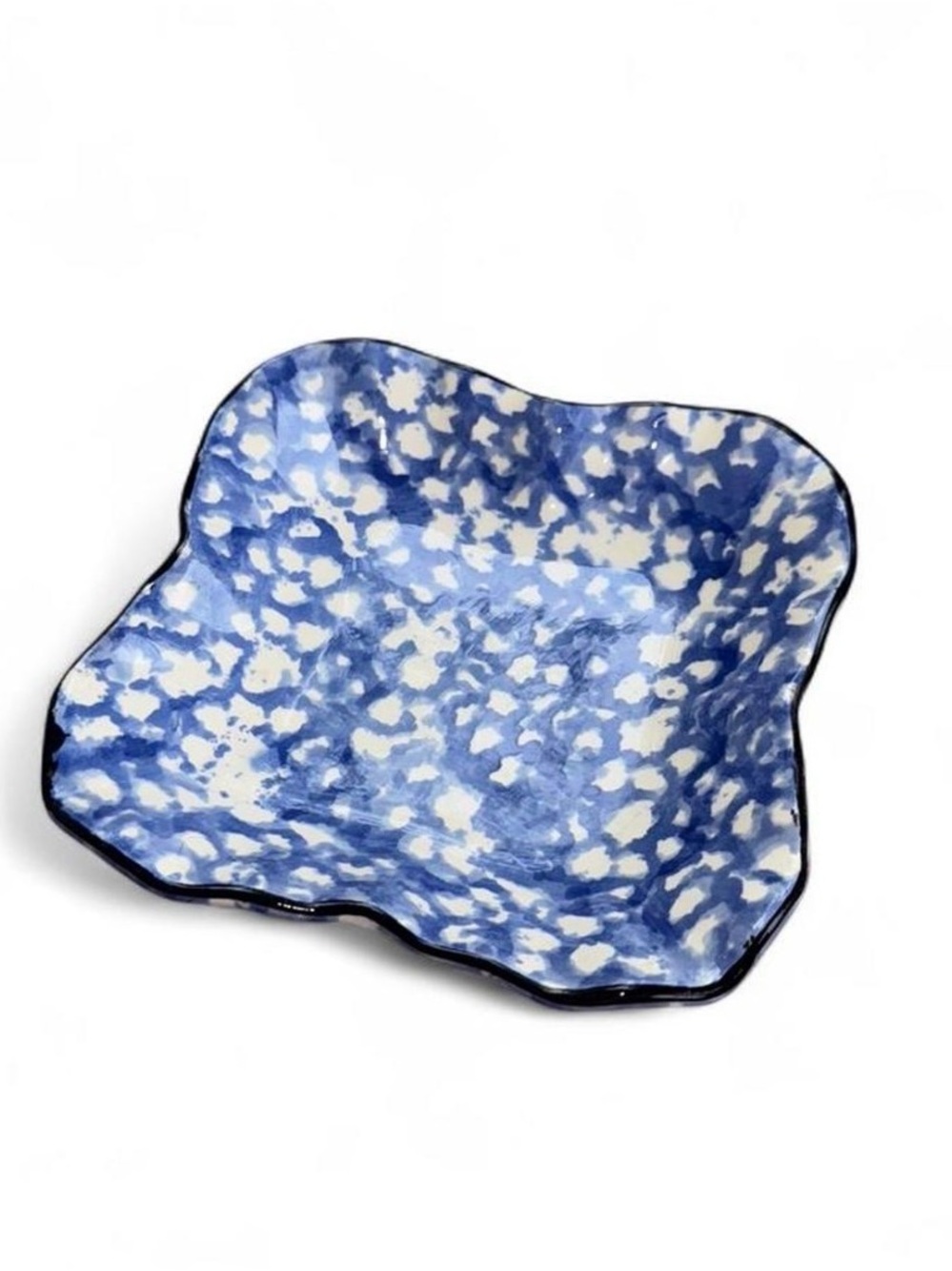 Vintage Blue & White Spongeware Scalloped Dish